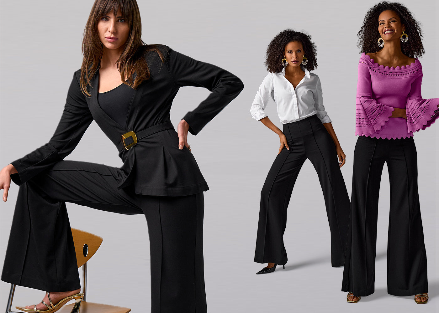 Models are wearing wide leg black pants