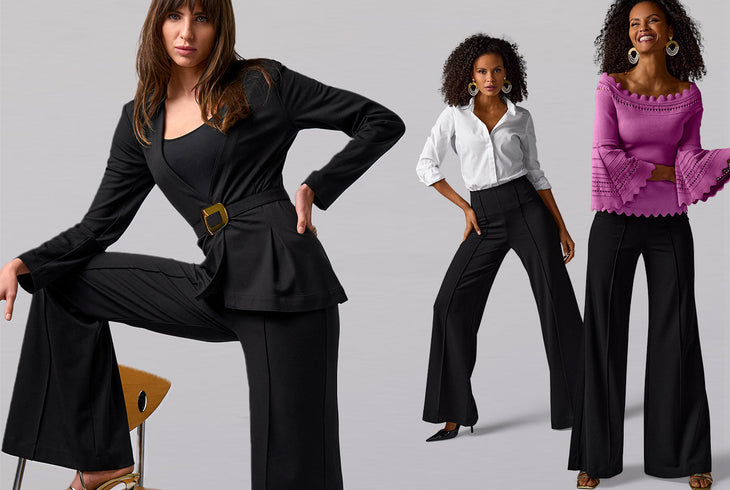 Models are wearing wide leg black pants