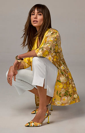 models wearing yellow floral duster jacket